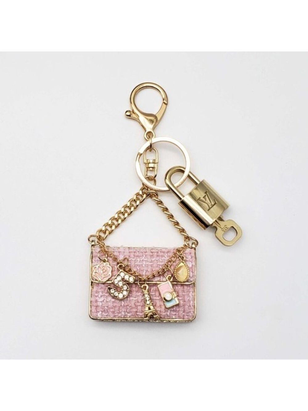 Authentic Louis Vuitton Padlock & Key Gold ✨Unbranded Tweed Bag Charm Keychain